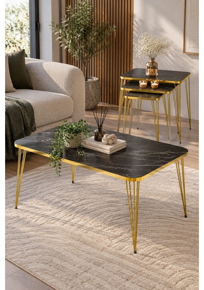 Sulorahome Ceviz Desenli Gold Metal Ayaklı 4'lü Sehpa Seti Altın - Kahverengi