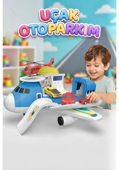 Uçak Otoparkım - 2'si 1 Arada Dönüşen Uçak Oyun Seti Ve Araç Bakım İstasyonu 32 Cm 2 Spor Araba + 1 Helikopter