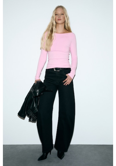 Grımelange Karakola Kadın Organik Pamuklu Kayık Yaka Reglan Kol Slim Fit Pembe Bluz Pembe