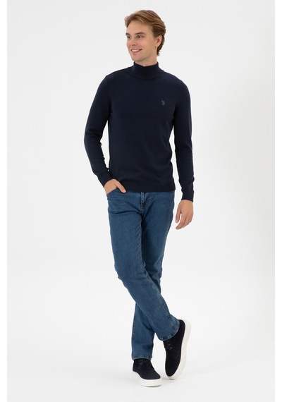 U.S. Polo Assn. Erkek Slim Fit Boğazlı Lacivert Melanj Basic Kazak 50313712-VR033