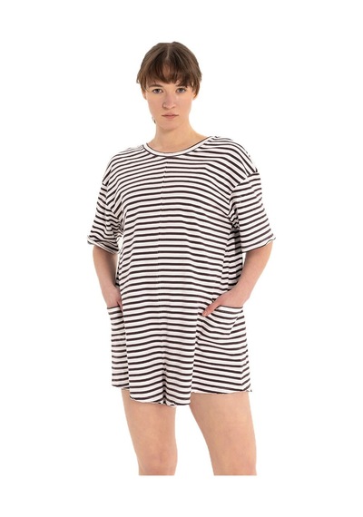 Inguz Stripe %100 Pamuk Şort Tulum Siyah - Beyaz