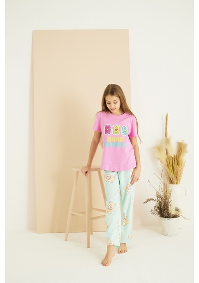 Siyah İnci Pamuklu Bisiklet Yaka Örme Pijama Takım25107156 Pembe