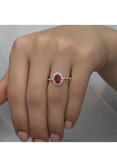 Gümüş Kırmızı Oval Taşlı Kadın Yüzük