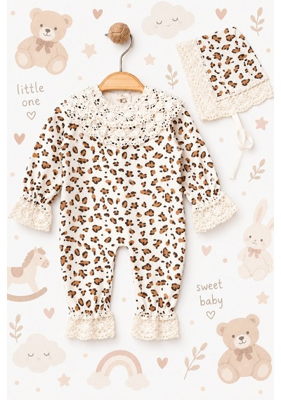Genel Markalar Bebek Leopar Desenli Tulum + Şapka Çok Renkli Çok Renkli