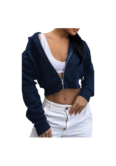 Lacivert Kadın Crop Fermuarlı Kapüşonlu Sweatshirt Lacivert