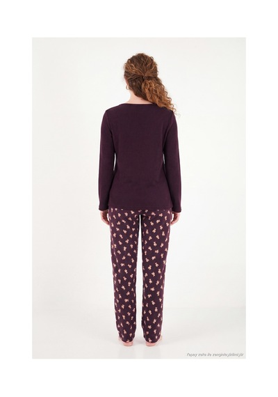 Lela Yumuşak Dokulu Desenli Uzun Kollu Pijama Takımı Kadın Pijama Takımı 6575018 Kahve