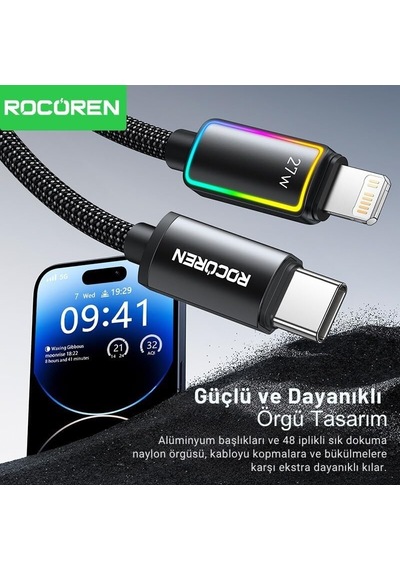 27w Type-c To Lightning Rgb Aydınlatmalı Örgülü Şarj Ve Data Kablosu 1 Metre Diğer