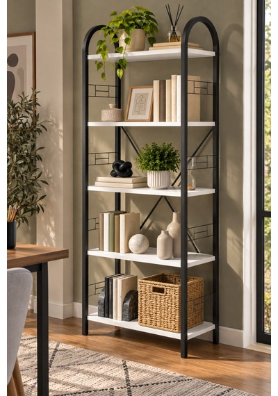 Sulorahome Beyaz Metal İskeletli 5 Raflı Kitaplık Ve Dekoratif Raf Ünitesi Antrasit