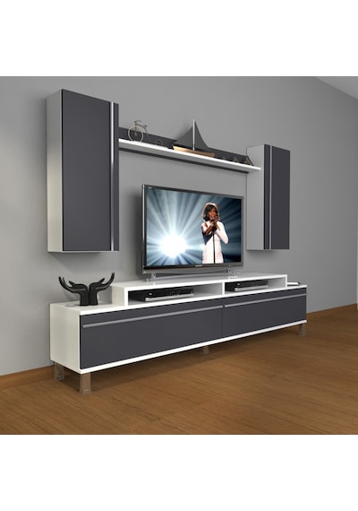 Decoraktiv Ekoflex 7 Mdf Krom Ayaklı Tv Ünitesi Tv Sehpası Beyaz - Antrasit