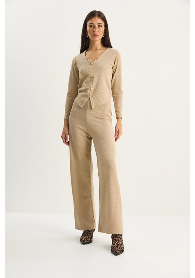 Shade Kadın V Yaka Düğme Aksesuarlı Selanik Alt-üst Takım 4107 60283782 - Bej