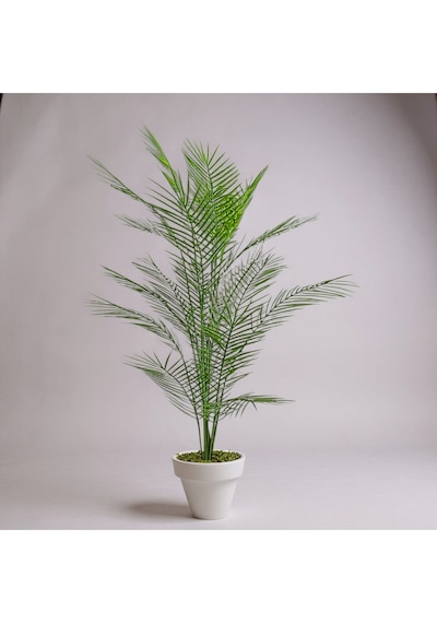 Yapay Areka Ağacı Palmiye Ağacı Salon Bitkisi Yapay Areka 130 Cm 20 Yaprak Beyaz Plastik Saksı Yeşil