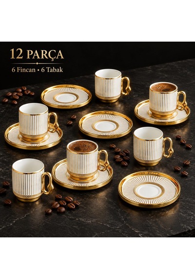 Valkyrie 12 Parça 6 Kişilik Türk Kahvesi Fincan Takımı 80ml Gold Detaylı 6 Fincan 6 Tabak K651-a