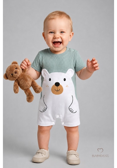 Babyden's Erkek Bebek Ayıcık Baskılı Kısa Kollu %100 Pamuk Yazlık Bebek Tulumu Yenidoğan Günlük Tulum 0-9 Ay Haki - Yeşil
