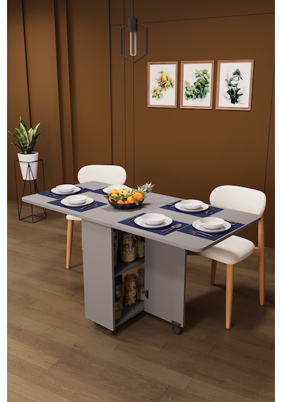 Lüks Katlanır Mutfak Yemek Masası %100 Mdf Pratik Raflı Çalışma Masası Km16 Kül Gri
