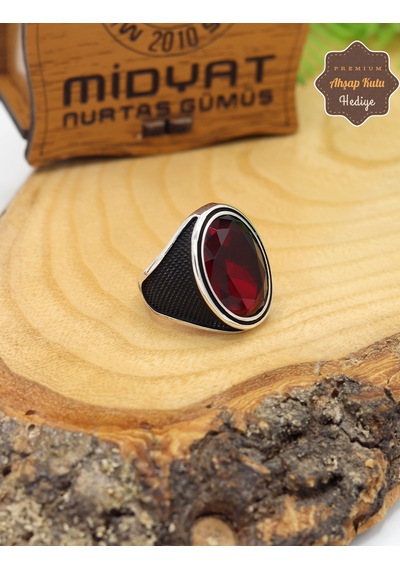 Yakut Taşlı Kristal Kesim 925 Ayar Gümüş Erkek Yüzük 201024861 Gümüş