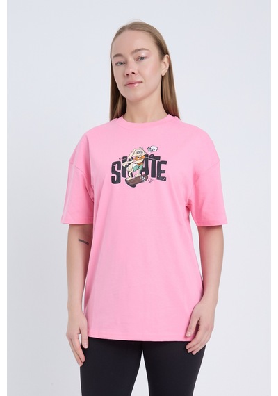 Velvoria Oversize Kadın Shate Baskılı Pembe Renk T-shirt