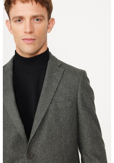AC&Co / Altınyıldız Classics  Erkek Hakı Slim Fit Dar Kesim Mono Yaka Yünlü Ceket Haki