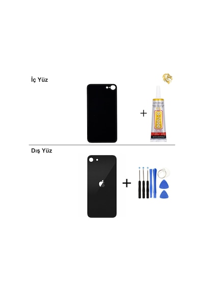 Apple iPhone Uyumlu Se 2020 Siyah Arka Kapak Arka Cam Batarya Kapağı Lazer Kesim Kapak Pil Kapağı + B-7000 Yapışt