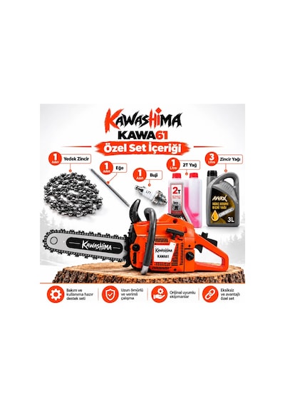 Algaride Kawa61 61.5cc Benzinli Motorlu Testere 3.9hp 3/8 36 Zincir Yedek Zincir 1l 2t Yağ 3l Zincir Yağı Buji Eğe Özel Set Kawashima