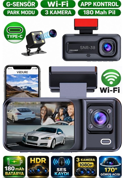 Snr-38 Wi-fi 3 Kameralı Araç İçi Güvenlik Kamerası Ir Gece Görüşü G-sensör Ön-arka-iç Kayıt Dashcam