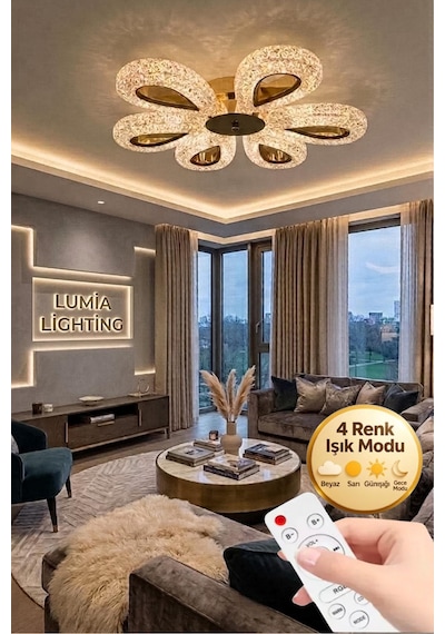 LumiaLighting Damla Model 6"lı Gold Kumandalı 3 Renk Modu Ledli Modern Plafonyer Salon Mutfak Çocuk Yatak Odası Led Avize