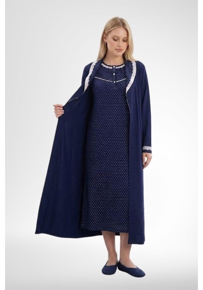 Mecit Pijama Mecit 6393 Lacivert Pamuklu Kadın Sabahlık Pijama Gecelik Seti