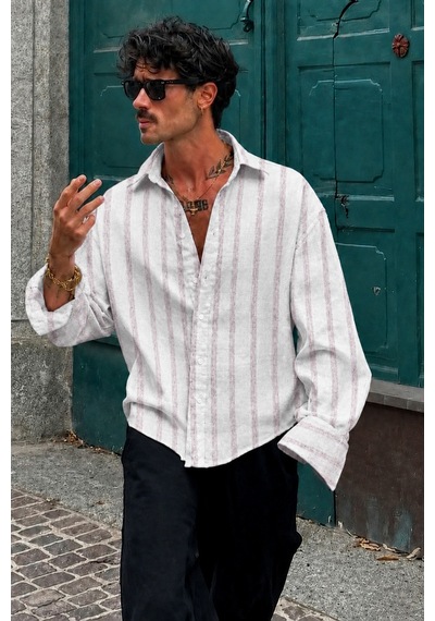 Tarz Cool Erkek Keten Karışımlı Oversize Çizgili Gömlek Çizgili Rahat Kalıp Yazlık Uzun Kollu Gömlek Beyaz Tarz Cool Erkek Keten Karışımlı Oversize Çizgili Gömlek Çizgili Rahat Kalıp Yazlık Uzun Kollu Gömlek Beyaz