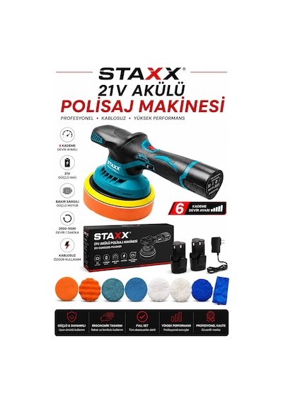 Staxx St21cfp X2 Akülü Pasta Cila Polisaj Makinesi 2 Akülü 6 Kademeli Hız Ayarı Full Aksesuar Set