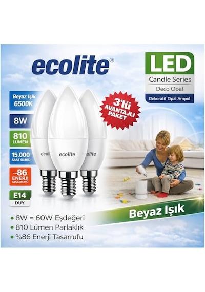 Ecolite 8 W Led Mum Ampul E14 Duy, 3'lü Paket, 810 Lümen, 6500k Beyaz Işık, 60w Eşdeğer, Opal Dekoratif Ampul, Diğer