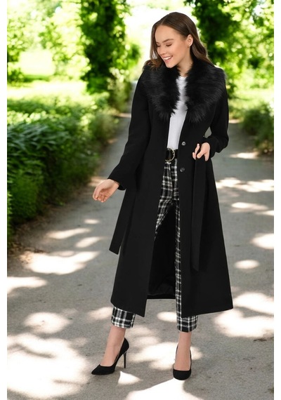 Sacrosa Kışlık Kürk Yaka Kaşmir Kaşe Kaban Çok Renkli