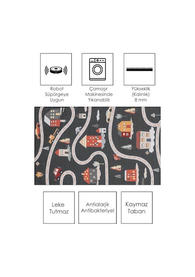 West Home Makinede Yıkanabilir Kaymaz Taban Leke Tutmaz Yol Desenli Halı Bebek Ve Çocuk Halısı Oyun Matı Wh 566 Black Siyah