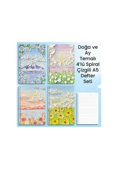 Doğa Ve Ay Temalı 4 Lü Spiral Çizgili A5 Defter Çok Renkli