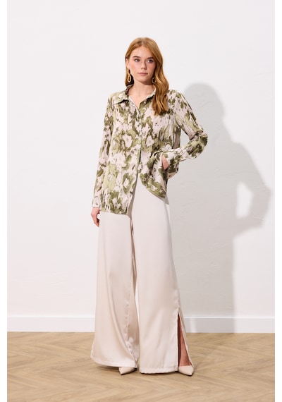 Sateen Desenli Düz Kesim Gömlek - Haki-136803 haki