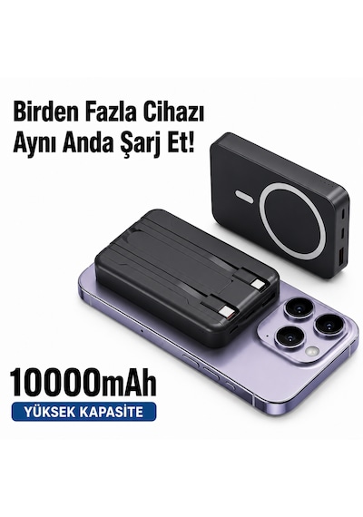 10000mah Manyetik Kablosuz Powerbank Dahili Type-c Lightning Kablolu Hızlı Şarj Cihazı Çok Renkli