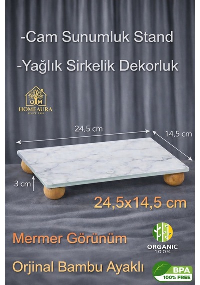 Mermer Desenli Cam Yağlık Sirkelik Bambu Ayaklı Sunumluk, Sabunluk,dekorluk Organizer Stand 24x14 Cm