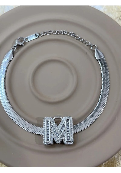 Premium Gümüş Renk Parlak Taşlı 316l Çelik M Harf Bileklik 23cm Uzunluk