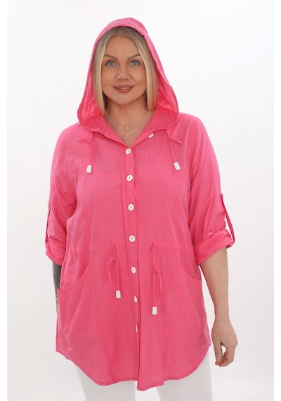 Lady Majestic Cotton Büyük Beden Kapüşonlu Mevsimlik Ceket - Fuşya