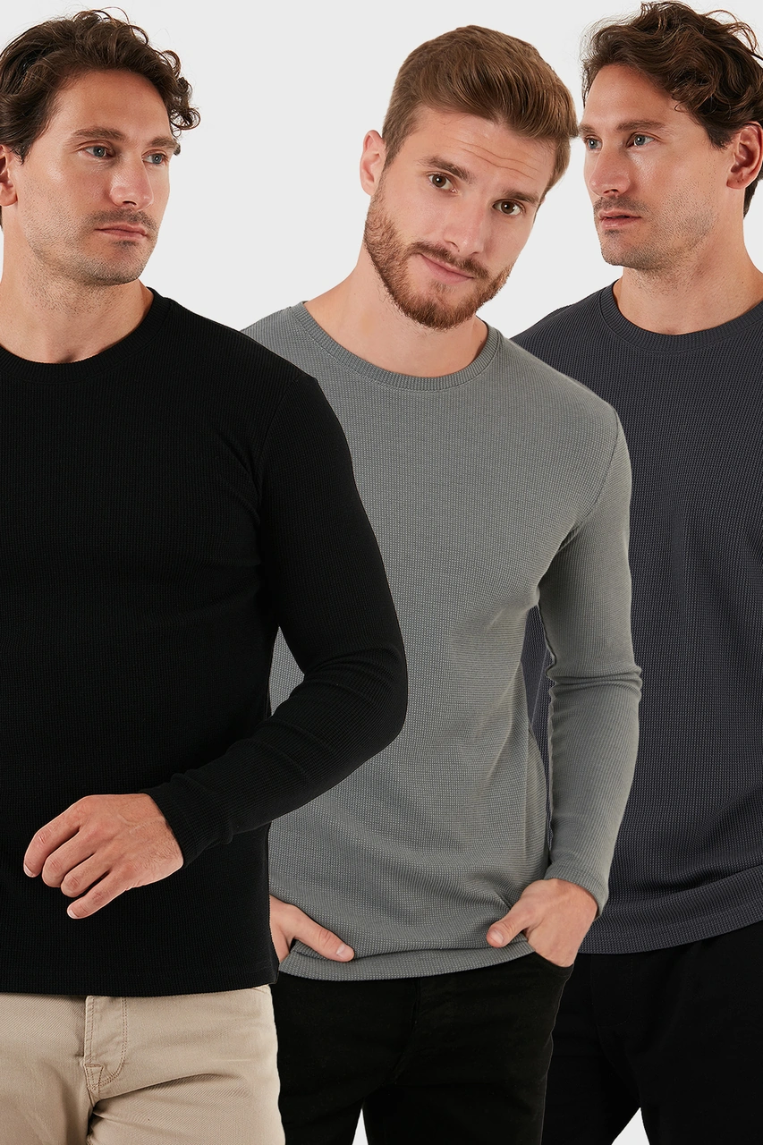 Buratti Pamuklu Bisklet Yaka Slim Fit Basic 3'Lü Paket Erkek Sweat 5905073S3 Antrasit-Açık Haki-Siyah