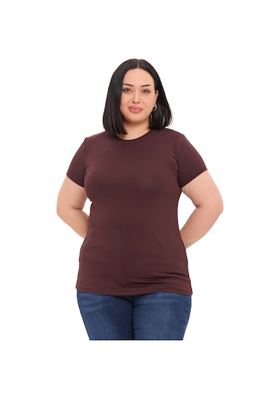 Disentis Büyük Beden Bisiklet Yaka Kısa Kollu Viskon Kahverengi Body Kahverengi