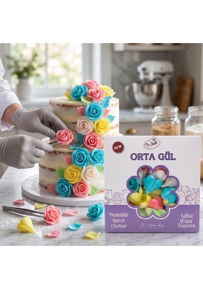 Gofret Gül Orta Boy 50 Adet 100 Yaprak Yenilebilir Pasta Süsleme Gülü