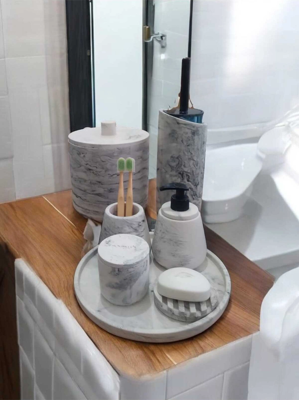 Mermer Desen Beton Banyo Seti,tuvalet Fırçası,çöp Kovası,katı,sıvı Sabunluk,tepsi,pamukluk Gri