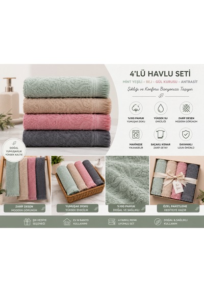 Pamuklu Mutfak Havlusu 4'lü Set 30x50 Cm El Ve Kurulama Havlusu Yumuşak Emici Çok Amaçlı Mint