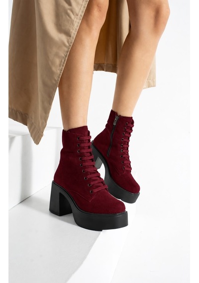 Dabab Shoes Melvıan Kadın Bordo Lüks Süet Bağcıklı Fermuarlı İçi Kürklü 8 Cm Kalın Topuklu 3 Cm Platform Bot Bootie