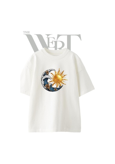 Thewert Sun Wave Tasarım Baskılı Ünisex Beyaz Oversize T-shirt