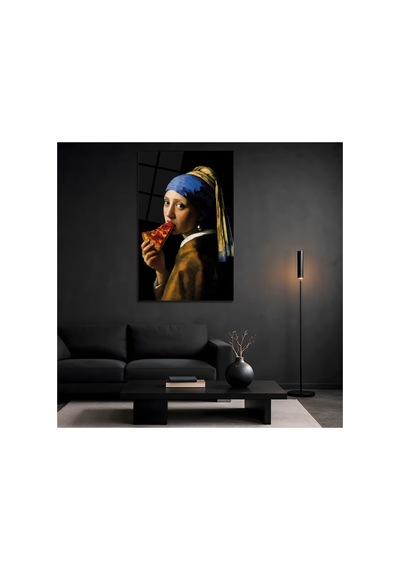 İnci Küpeli Kız Pizza İle Cam Tablo, Ünlü Ressam Klasik Sanat Temperli Cam Duvar Tablosu, Uv Baskılı Salon Ofis Duvar Dekoru, Modern Sanatsal Dekoratif Hediyelik