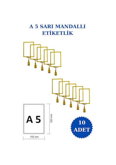 10 Adet Sarı A5 Mandallı Raf Sepet Etiketi Çerçeveli Etiketlik Sarı