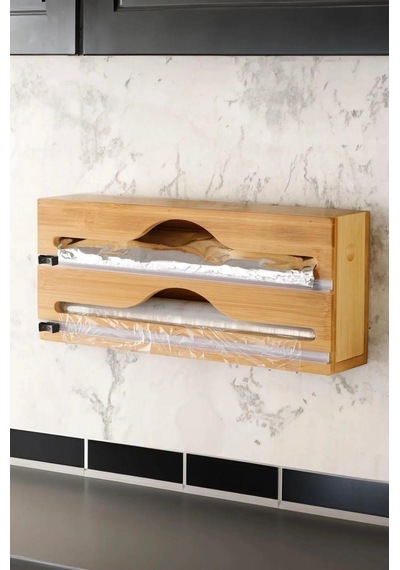 2'li Bambu Streç Folyo Kutusu 34x14x7 Cm Duvar Montajlı, Çekmece İçi, Tezgah Üstü