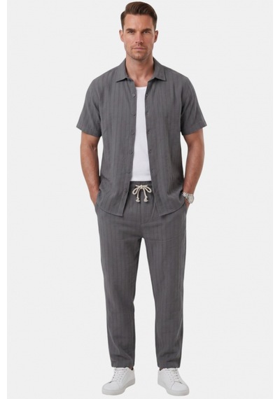 Deep Sea Deepsea Füme Slim Fit Çizgi Dokulu Keten Görünümlü Kısa Kol Erkek Spor Gömlek 2602648