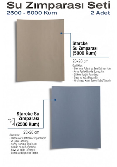 Starcke 2500 - 5000 Kum Su Zımparası Seti 23x28 Cm 2 Adet Çizik Giderme Ve Polisaj Kağıdı