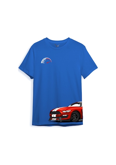 Araba Yan Detaylı Hız Limiti Baskılı Regular Fit %100 Pamuk Mavi T-shirt Saks Mavi